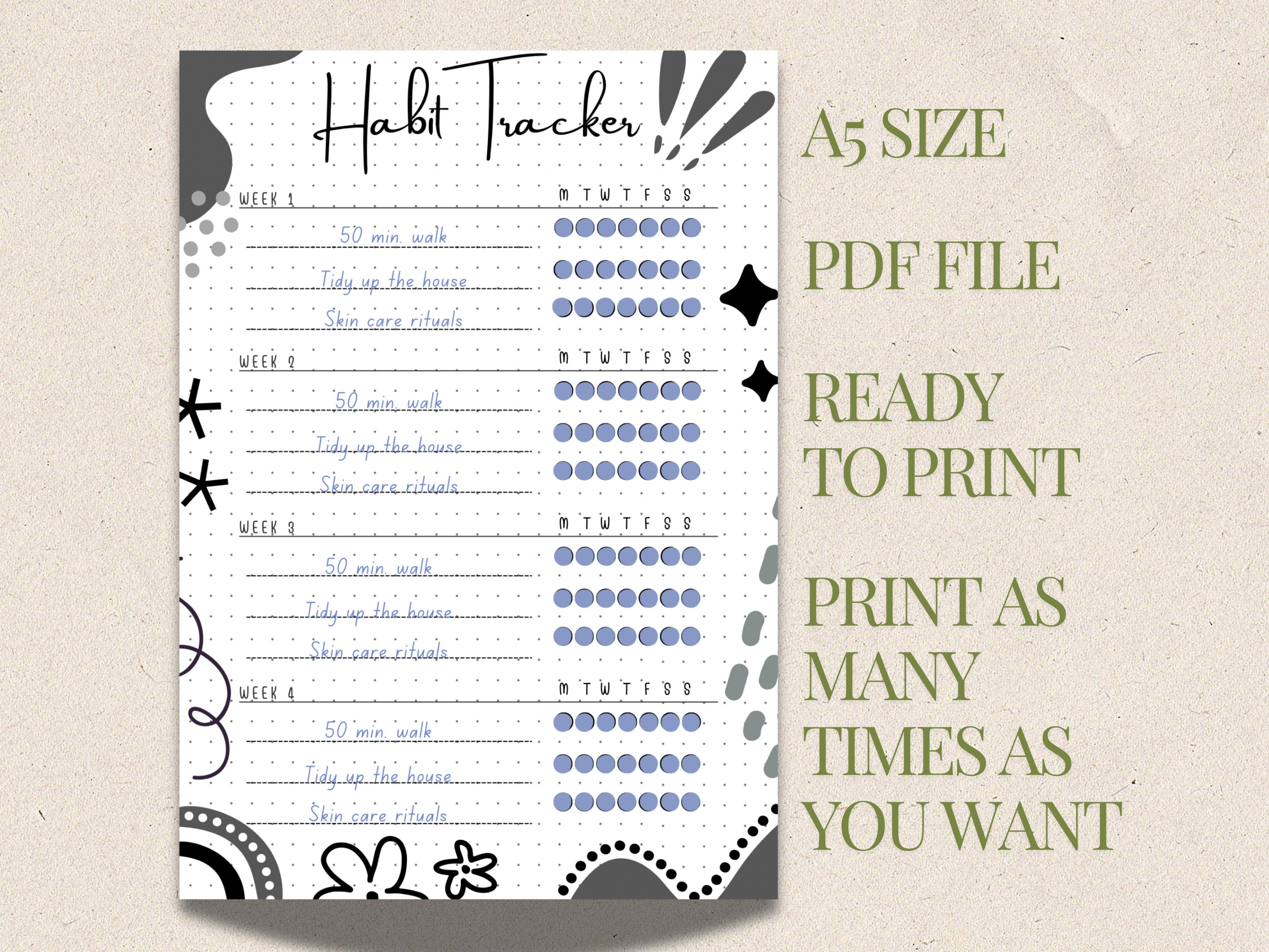 Habit Tracker Printable A5 Journal Page, Monthly Tracker Goals, Daily ...
