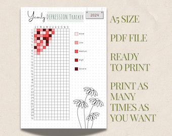 Depression Symptom Tracker Printable A5 Journal Page, Bullet Journal, Yearly Tracker Printable, A Year in Pixels, Mental Health, Self Care
