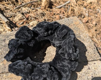 Handmade Velvet Crochet Scrunchie, Ruffle Hair Tie, Soft Hair Accessory