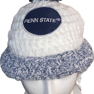 Penn State White Winter Hat (With or Without PomPom)  - Crocheted / White & Navy Blue Mixed brim/ University / Fan Gear / PSU Football