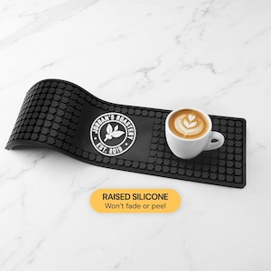 Anpassad kaffematta 19x5, personlig kaffestationsmatta, present till kaffeälskare, droppmatta med anpassad logotyp för espresso