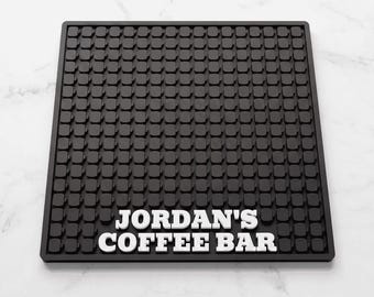 Custom Coffee Mat | 9.25" Multicolour Silicone Drip Mat w/ Coffee Mug Pillars | Choose Any Font & Colours | Handmade in Canada