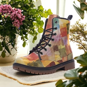 Colorful Boho Patchwork Vegan Combat Boots| Artful Orange Lacing up boot| Customs shoe For Men and Women| Gifte for-art Lovers