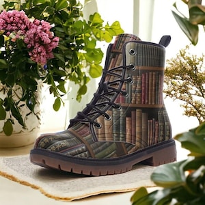 Brown Booklover Vegan Combat Boots| Vintage Lace steampunk boot| Charm Witchy Shoes For Girls, Boys, Women, Men| Leatherful boot