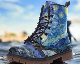 Starry Night Boots, Van Gogh Shoes, Wearable Art Vegan Leather Combat Boots, Art Teacher Gift, Printed Lace Up Booties for Art Lovers