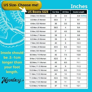 The image is a US size chart for boots, providing measurements for different sizes based on the wearer's foot length. The chart includes the US size, European size, and UK size, along with the corresponding insoles length. The chart also includes a note that insoles should be longer than one's foot length.