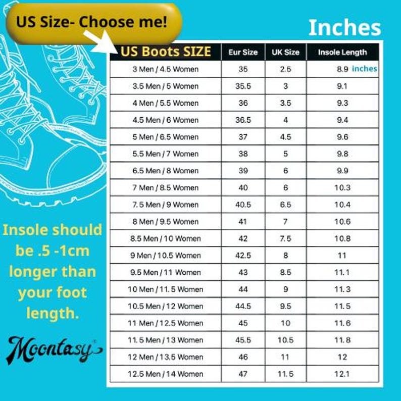 The image is a US size chart for boots, providing measurements for different sizes based on the wearer's foot length. The chart includes the US size, European size, and UK size, along with the corresponding insoles length. The chart also includes a note that insoles should be longer than one's foot length.