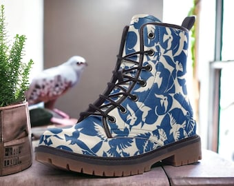 Pigeons Pattern Vegan Leather Boots (Blue and Beige)