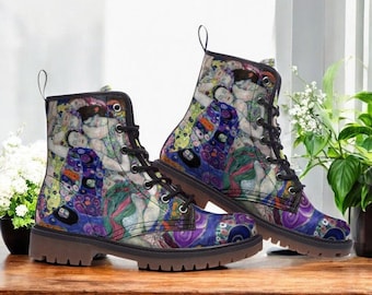 Klimt Art Nouveau Combat Boots| Abstract Embrace Lace Up Boots| Renaissance boots| Purple Vegan Leather Shoes| For Women| Men| Art Lover