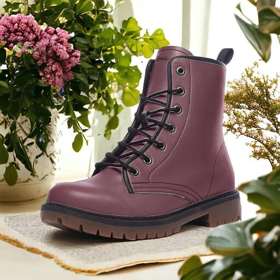 Vintage Wine Red Vegan Combat Boots| Classic Berry Faux  display picture 1