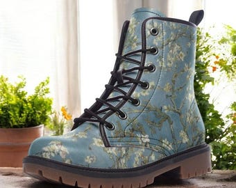 Blue Wild flowered Vegan Combat Boots| Blossoming Boots|Green Laceups| Fantasy Leather Shoes| Renaissance| Boho| Customs Shoe For Women| Men
