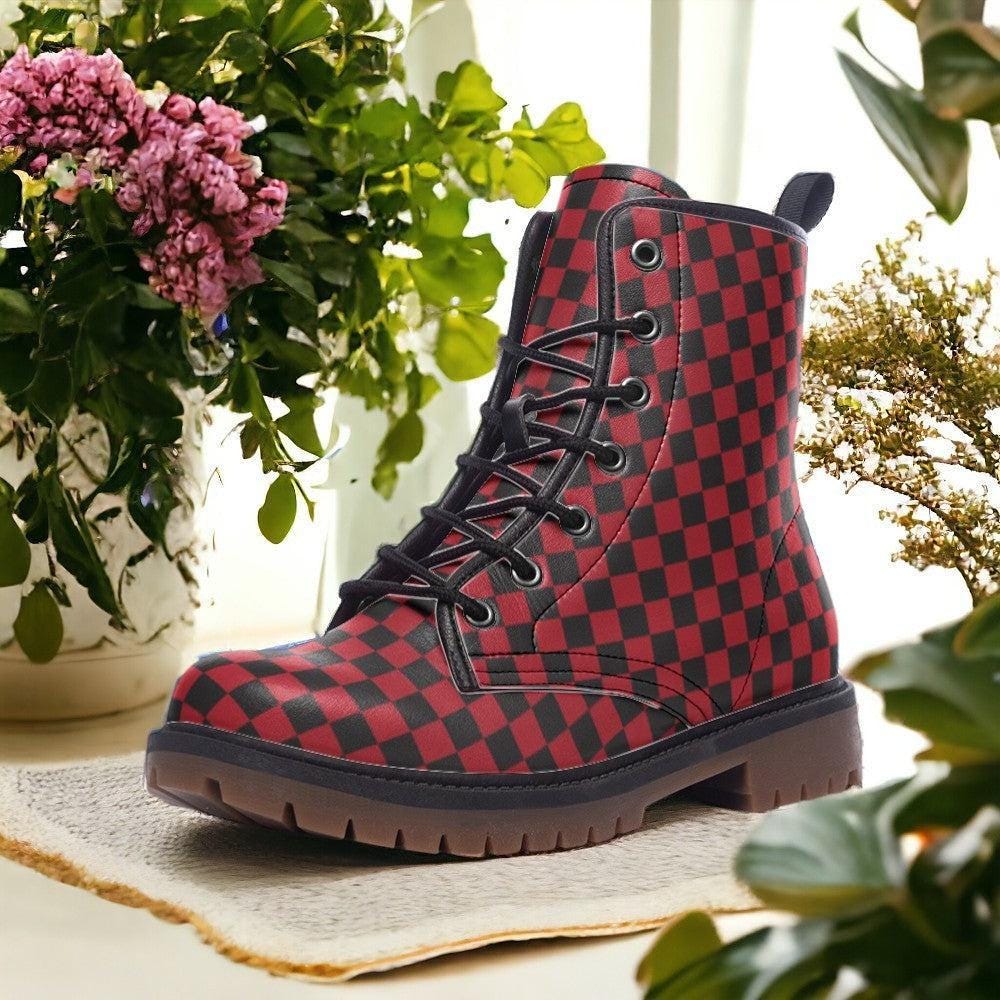 Red and Black Checkered Vegan Combat Boots| Vintage Grid Lace Up Boots| Victorian Steampunk Boots| Renaissance Boots for Women| Men| 80s| 90