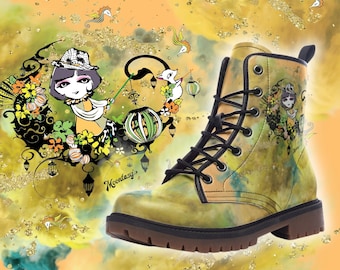 Yellow Graffiti Vegan Combat Boots | Gold| Charms Fancy boot| Lace Up| Fantasy Leather Shoes| Gothic| Goth e Girls|Witchy| gifts-for-girl