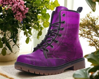 Electric Purple Vegan Combat Boots| Violet Storm Leather Boots| Cosmic Purple Urban Boots| Punk Boots| Red Lace up Boots For Women| Men