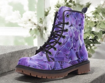 Purple Blossom Vegan Combat Boot| Blossoming boots| Cottagecore Faux Leather Shoes For Women| Teenagers| Unisex| Boho Lace up boot| Cosplay