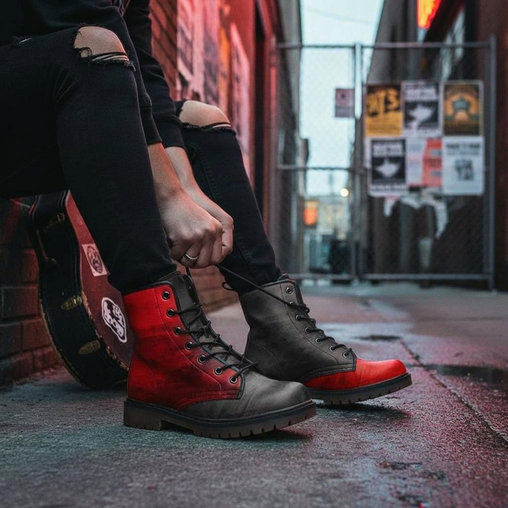 Mismatched Red and Black Combat Boots, Punk Rock Goth Shoes for