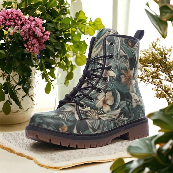 Dark Green Jungle Floral Boots｜forest Flowers Vegan Boot