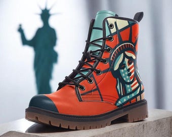 Statue of Liberty Boots | American Pride Edition| Liberty Flame Combat Boots | Patriotic & Bold| Freedom Stars| Usa Independence| Red Boots