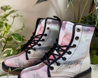 Rustic Brushstroke Combat Boots | Vegan & Waterproof｜Faded Earth Tones Boots｜Abstract Vintage Texture｜White｜Brow｜beige｜Eco-Friendly｜Durable
