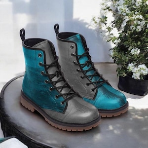 Mismatched Teal & Grey Vegan Combat boots| Charm Faux Leather Shoes| Wide Comfy| Hippy Boots| Customs Shoe For Womens For Men