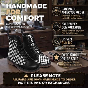 The image is an advertisement for handmade shoes, featuring a pair of black and white checkered boots on a wooden surface.