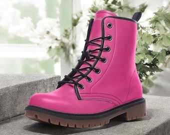 Barbie Pink Vegan Combat boots| Hot Pink Punk Boots| Fuchsia Lace Up Boots| Girlie Cosplay Boots| Emo Faux Leather Shoes for women| men