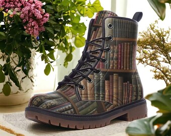 Booklover Vegan Combat Boots| Gifts| Vintage Brown Fantasy Leather Boots| Unique Steampunk| Renaissance| Medieval Charm boot For Women| Men