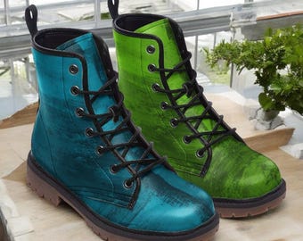 Gecombatte laarzen in verschillende oceaanblauwe en smaragdgroene kleuren | Punklaarzen met veters | Blauwgoth | Turkoois | Fantastische veganistische leren schoenen voor dames | Heren