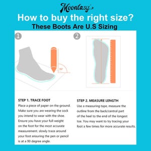 The image provides instructions on how to buy the right size of these boots, using a diagram and measurements.