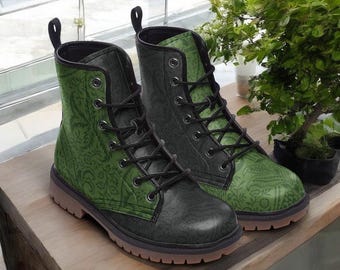 Witchy Forest Green & Black Vegan Combat Boots | Goblincore Goth Style, Boho Faux Leather Ankle Boots for Men and Women, Festival Booties