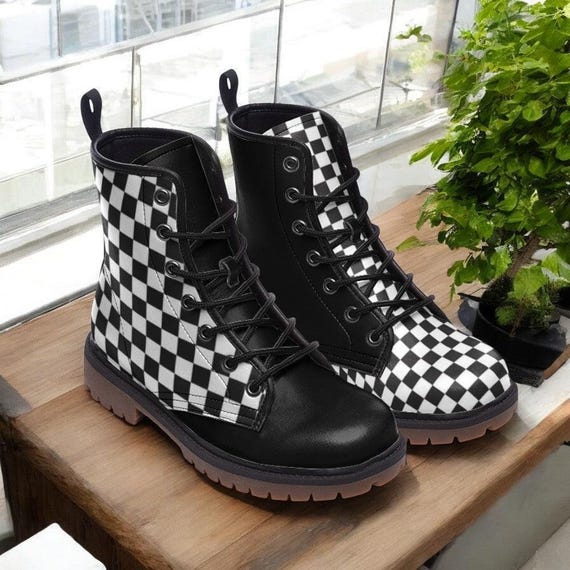 Black and White Checkered Vegan Combat Boots, 90s Grunge Ska Two Tone Shoes, Pop Punk Emo Goth Alt Fashion Footwear