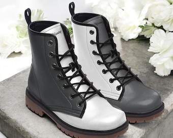 Mismatched zwart-witte veganistische combatlaarzen | Fantasy gothic laars van imitatieleer | Heksenachtig | Punk | Hippie veterschoenen voor dames | heren | jongens | meisjes