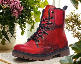Wegańskie buty bojowe Inferno Red | Wyjątkowe buty gotyckie | Modne buty punkowe | Kolorowe buty | Gotycka dziewczyna | Vintage sznurowane buty damskie | Mężczyźni