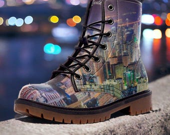 City Lights Skyline Boots | Vegan & Waterproof｜Hong Kong Night View｜Urban Nightscape Combat Boots｜Cityscape Night Vision Boots｜Eco-Friendly