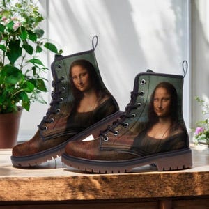 Vintage veganistische Mona Lisa-vechtlaarzen| Op Da Vinci geïnspireerde schoenen van imitatieleer| Renaissance veterlaarzen|Bruine steampunklaarzen voor dames| Heren