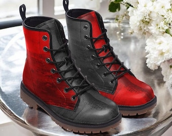 Mismatched Red and Black Combat Boots, Punk Rock Goth Shoes for Women & Men, Two Tone Faux Leather Festival Footwear, Witchy Grunge|