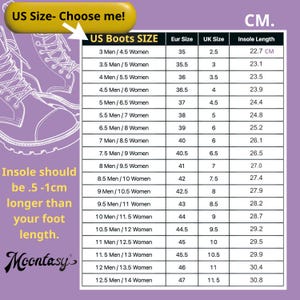 The image is a US Boots Size chart that provides size recommendations for men and women based on their shoe size. The chart includes various shoe sizes and corresponding insoles, along with the recommended insoles length. The chart is designed to help customers choose the appropriate insoles for their US size.