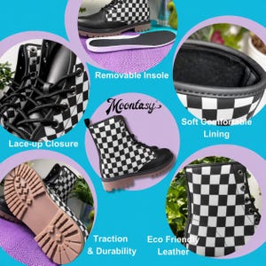 The image is a collage of various photos showcasing a pair of black and white checkered boots. The collage includes close-up shots of the boots' laces, sole, and insoles, as well as a full-length view of the boots. The collage also highlights the boots' features, such as the removable insoles, lace-up closure, soft comfortable lining, traction, and eco-friendly leather.