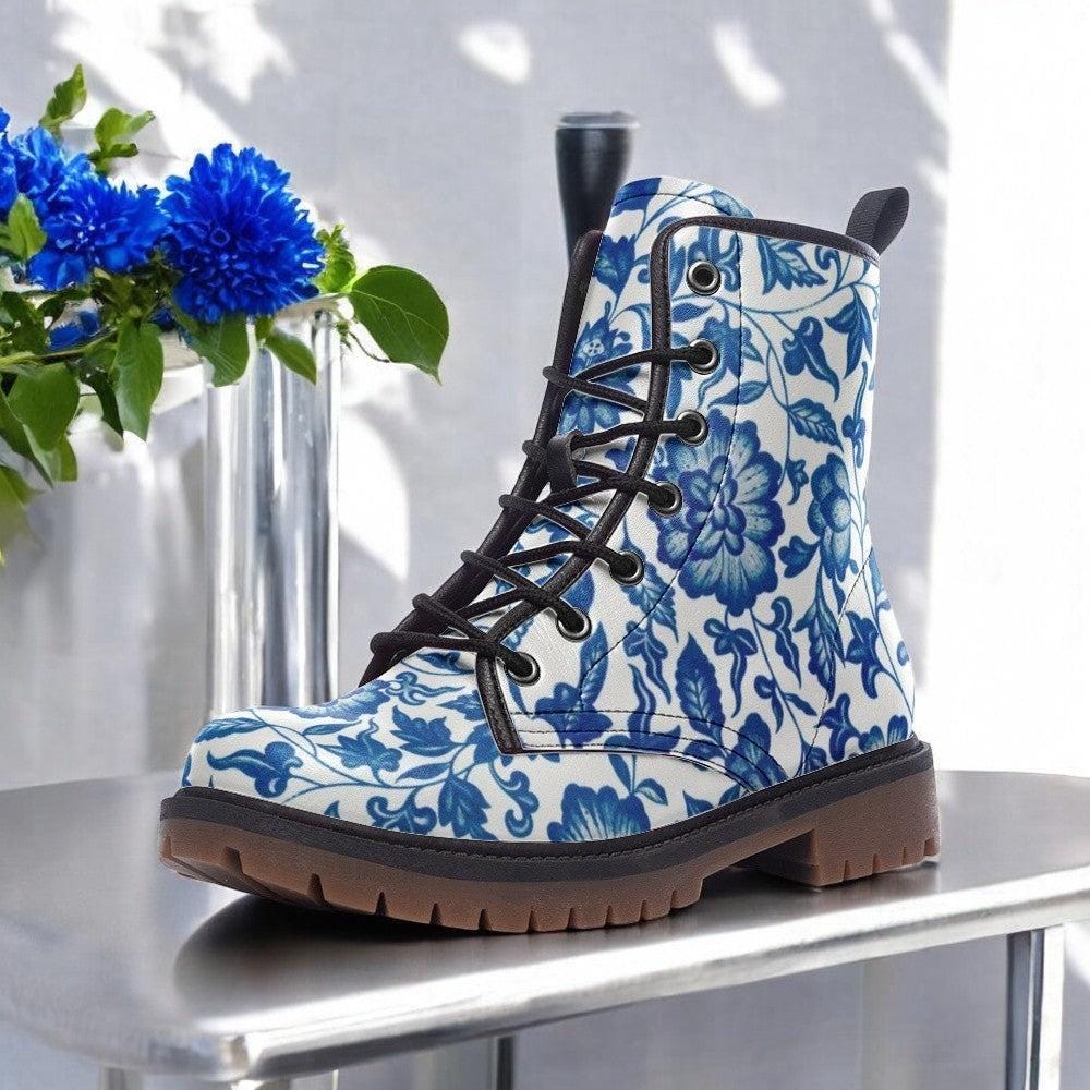 Vintage Botanical Floral Vegan Combat Boots Boho Country Shoes Blue & White Wildflowers Faux Leather Lace Up Boot Forestcore Goblincore