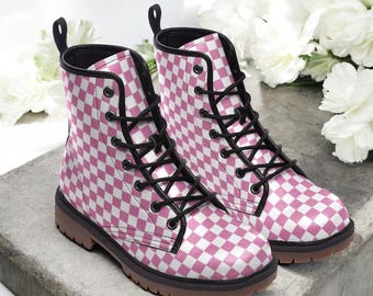 Hot Pink and White Checkmate Vegan Combat Boots| Vintage Grid Lace Up Boots| Fantasy Faux Leather Shoes| Teen Girls| Cosplay| Fairy boots