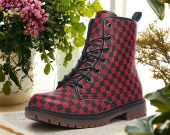 Red and Black Checkered Vegan Combat Boots| Vintage Grid Lace Up Boots| Victorian Steampunk boots| Renaissance boots For Women| Men| 80s| 90