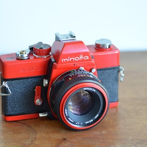 Red Painted Minolta SRT101 Film Camera & 50mm f/1.7 Lens