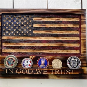 Challenge coin display with wavy American Flag