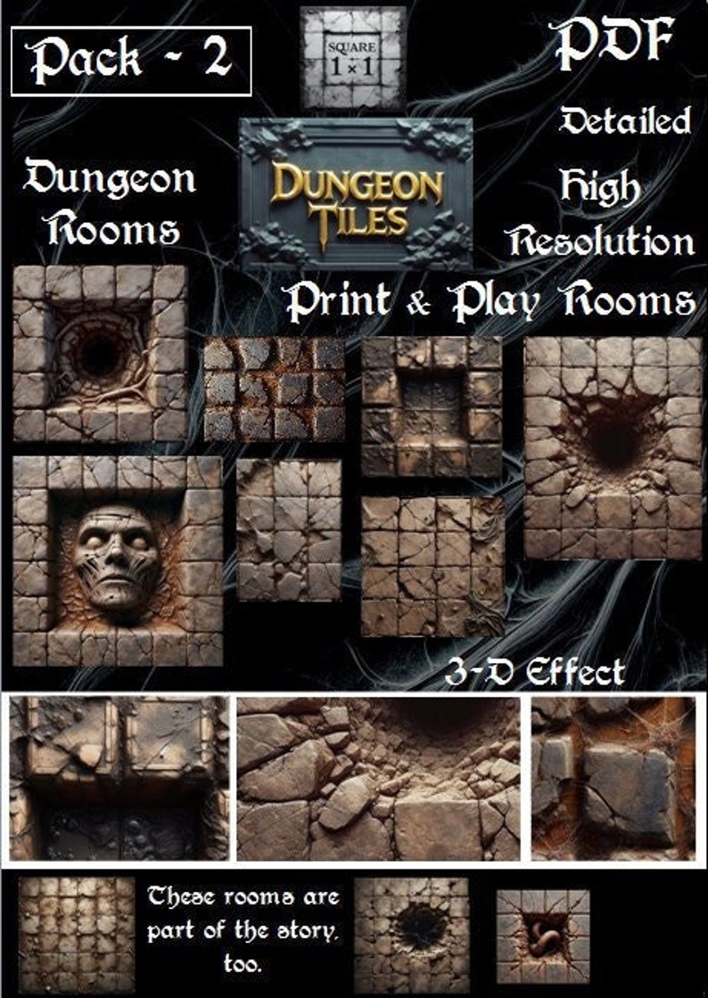 Dungeon Tiles Pack 2 1 X 1 Tiles Print and Play Rooms 3D Effect High Resolution Printable RPG ...