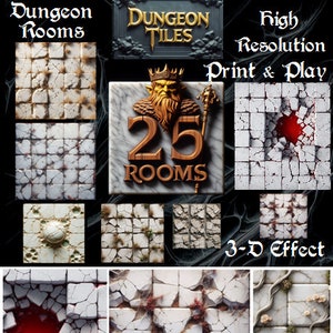 Può includere: Una collezione digitale di 25 piastrelle per pavimenti di dungeon con texture in pietra crepata, macchie di sangue, ragnatele e muschio. La grafica include il testo Pack-5, Dungeon Tiles, 25 Rooms, PDF, Detailed, High Resolution, Print & Play, 3-D Effect.