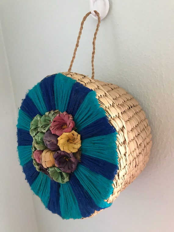 Vintage 1950s Straw Knit Floral Garden Handbag