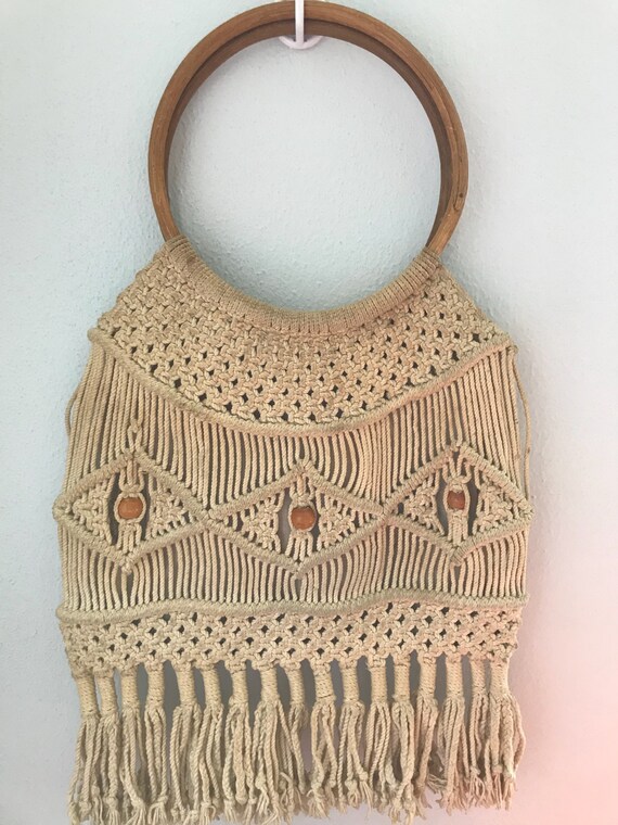 Vintage 1970s Macrame Crochet Boho Market Bag