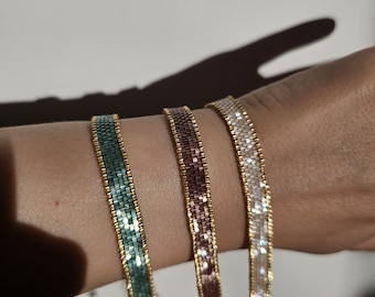 Pulsera de cuentas Miyuki, cuentas de vidrio color crema, marrón, verde y dorado, pulsera tejida, ajustable, cierre de acero, ancho 0,8 cm, minimalista, regalo