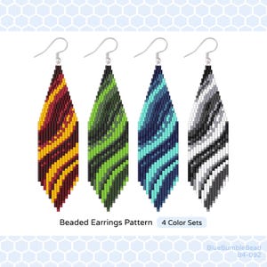 May include: Four pairs of beaded earrings in different color patterns: red and yellow, green, blue and turquoise, and black and white. The earrings are long and dangle, with a beaded fringe. The text "Beaded Earrings Pattern 4 Color Sets" is at the bottom of the image.