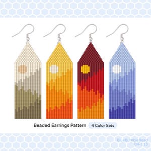 May include: Four beaded earring patterns with a mountain and sun design. The patterns are in shades of beige, yellow, orange, red, and blue. The text "Beaded Earrings Pattern 4 Color Sets" is below the earrings. The text "BlueBumbleBead B4-113" is at the bottom of the image.